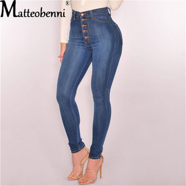 Jeans pour femmes femmes Stretch Slim taille haute Push Up hanches boutons élastique coton bleu Denim pantalon femme pantalon décontracté 230224