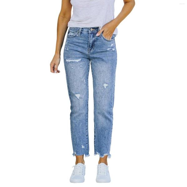 Jeans da donna Pantaloni elasticizzati a vita alta Gamba dritta strappata Taglio boyfriend Pantaloni in denim alla caviglia sfilacciati