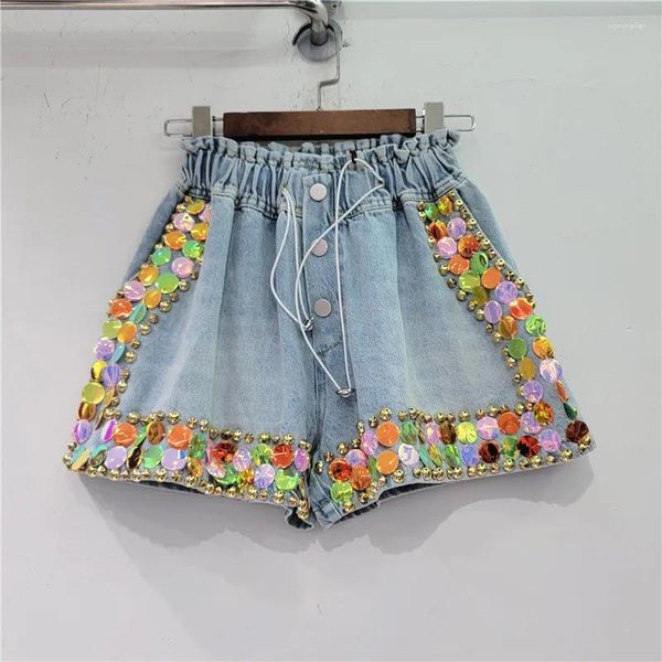 Jeans pour femmes Femmes Été Diamants colorés Perles Denim Shorts Strass à la main Jambes larges Taille haute Pantalon à paillettes élastiques