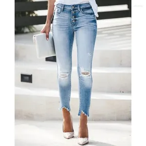 Jeans pour femmes Femmes Été Élégant Bouton Taille Haute Extensible Slim Fit Hip Lift Denim Pantalon Streetwear Y2K Vêtements Vintage Ripped Hole
