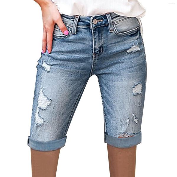 Pantalones vaqueros de verano para mujer, pantalones vaqueros cortos sexis de cintura alta con agujeros ajustados y bolsillo, pantalones vaqueros elegantes holgados informales 2023