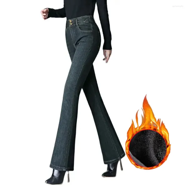 Jeans pour femmes Femmes Épaissir Chaud Hiver Flare Denim 2024 Taille haute Minceur Fit Vintage Gris Polaire Velours Avec Doublure Panty