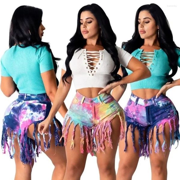 Jeans para mujer Mujeres Tie Dye Print Borla Mediados de cintura Sexy Ripped Shorts Moda Verano Short Denim Pantalones Pantalones Streetwear