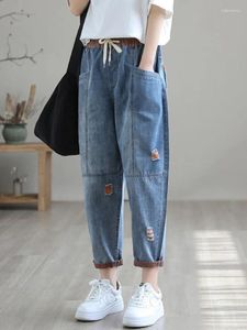 Women's Jeans Women Version Hole Elastic Waist Casual Haren Pants Ankle Length Trousers For High Waisted Baggy Ripped Denim B04