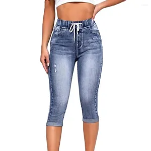 Dames jeans dames vintage gradiënt hoge taille bijgesneden met trekkoordzakken voor slanke kont-liftige gescheurde mannen