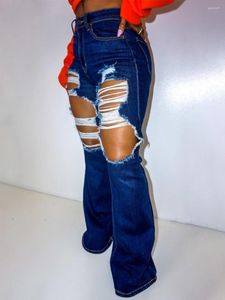 Damesjeans Dames Vintage uitgeholde uitlopende broek Casual Super lang gewassen denim Sexy stretch wijde pijpen gescheurde broek