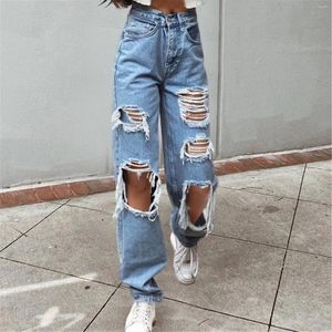 Jeans pour femmes Femmes Vintage Ripped High Taille Baggy Pantalon droit Élastique Y2K Streetwear Pantalon Été Surdimensionné Harajuku Denim Pant