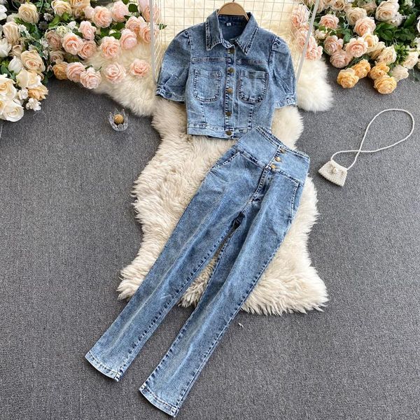 Jeans pour femmes Femmes Vintage Veste à manches courtes Simple boutonnage Taille haute Skinny Deux pièces Ensembles