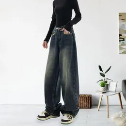 Jeans féminins Femmes Longueur de la jambe large Longueur en denim Loose Denim Streetwear Streetwear Deep Gotch Pockets Vintage Straight Long Pantal