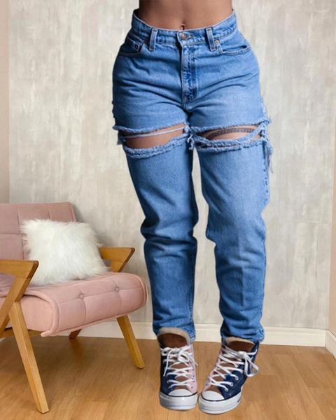 Jeans pour femmes Femmes Pantalons à jambes larges Coupe ample Fermeture à glissière Trous plats Poches Taille haute Longueur de la cheville Couleur unie Streetwear Automne