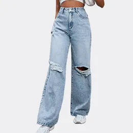 Jeans pour femmes pantalon de jambe large et décontracté bouton de poche à fermeture éclair et pantalon de poche plus taille coupée en détresse