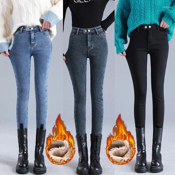Jeans para mujer Mujeres Invierno Térmico Mediados de cintura Flaco Fleece Cálido Estiramiento Pantalones de nieve Lady Casual Ruso Pantalones de lápiz de mezclilla rectos