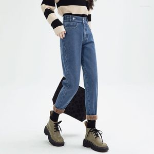 Dames jeans dames winter warme fleece hoge taille verdikking denim harem broek herfst fluweel rechte broek vrouwelijke streetwear 9855