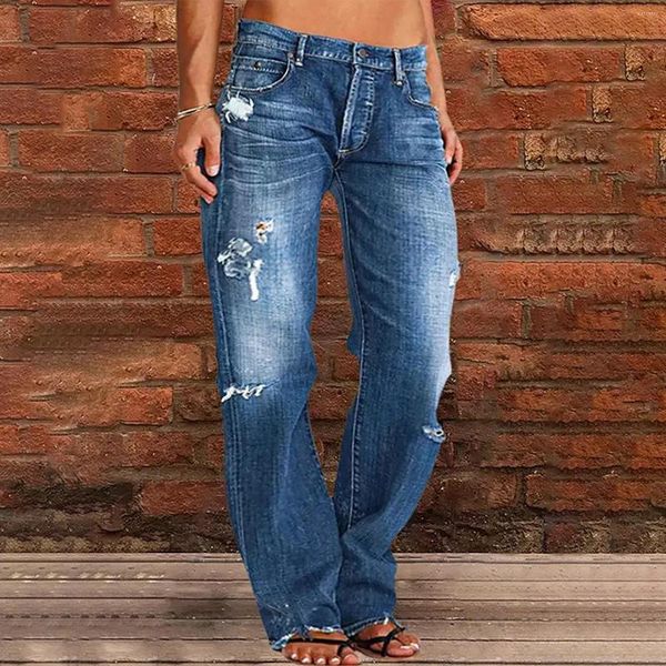 Jeans pour femmes Femmes Y2K Ripped Mid Taille Denim Droite Baggy Poches Pantalon Printemps Été Harajuku Mode Gril Lâche Streetwear Pantalon