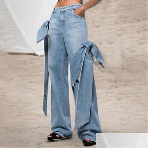 Jeans pour femmes femmes 2024 printemps vintage lavé vieil couture arc conception haute taille minceur de vêtements de vêtements bleu droit dhw4r