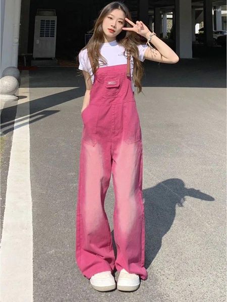 Jeans pour femmes femmes 2024 Summer Preppy Style lâches Filles Pink Wide Jam Jamot Jumpsuit Korean Casual Denim Savel