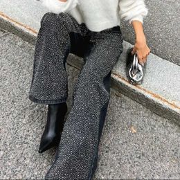 Damesjeans Dameszwarte jeans van hoge kwaliteit Diamantontwerp Zakbroek Hoge taille en wijde pijpen Casual winter Heren Dagelijks dragen van damesbroeken J240217