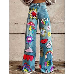 Dames jeans dames blauwe patchwork patroon print casual breed poot broek vintage kleur bloemen zomertrookjes grappige zachte flare broek plus size t240523