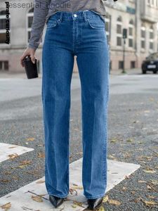 Damesjeans dames blauwe rechte jeans retro pocket mid taille pure katoenen broek 2024 lente/zomer nieuwe casual losse denim broek c240411