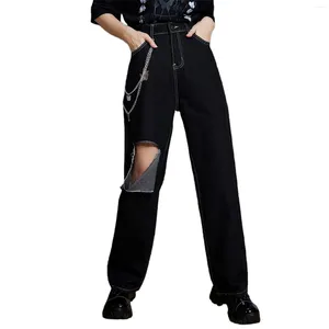 Dames jeans dames vlinderketen gescheurd mode zwart casual rechte been broek voor vrouwen y2k baggy all-match streetwear