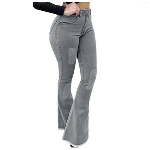 Jeans Femme Couleur Femme Pantalon Classique Solide Cloche Taille Élastique Poches Botton Denim Flare Pantalones