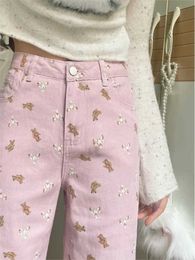 Jeans pour femmes Femmes mignon motif ours rose jean droit femmes été taille haute poche pleine longueur jean jambes larges Micro cloche bas J240306