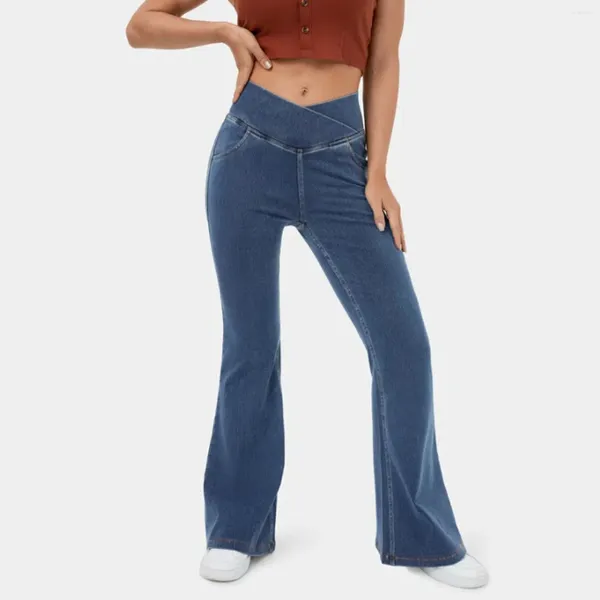 Jeans para Mujer Jeans De Mezclilla para Mujer Alta Elasticidad Antibacteriano Cintura En V Pantalones Sólidos Acampanados Bolsillos Vintage Cómodos Pantalones Deportivos para Correr
