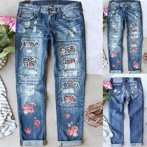 Jeans pour femmes Femmes Denim Pantalon Ripped Casual Pantalons lâches Floral Print Long Stilt Femmes Jean Jumper Robe pour