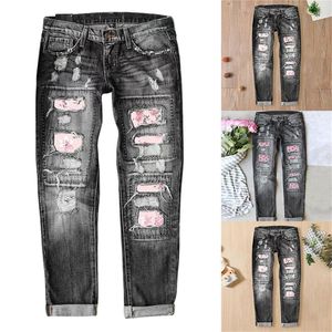 Jeans femme pantalon en jean femme déchiré décontracté pantalon ample imprimé fleuri en détresse Stretch Jean Leggings avec poches coupe botte