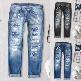 Damesjeans Damesdenimbroek Rechte pijpen Gescheurde print Mid Rise Jean Cargo voor dames Baggy 18 lang