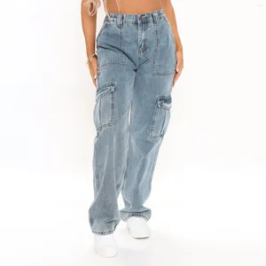 Dames jeans dames hoge taille straat losse laadbroek zakken broek broek fundamentele workoutzak