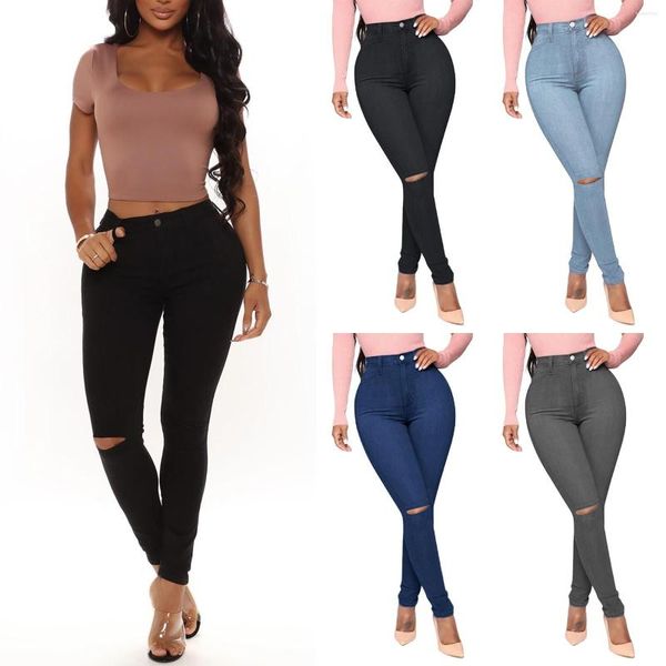 Jeans para mujer Pantalones de vestir de Jean para mujer Pantalones de mujer de cintura alta ancha rasgados Botón delgado Chaqueta de cuero sexy