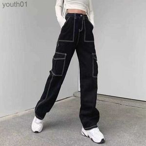 Jeans Femme Femmes Jeans 2021 Noir Taille Haute Pantalon Cargo Femmes Mode Grandes Poches Patchwork Baggy Denim Harajuku Pantalon Streetwear 240304