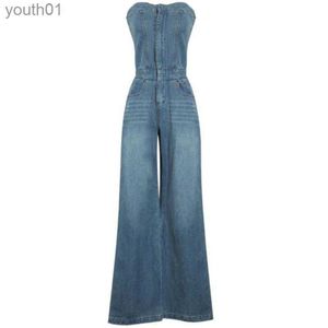 Damesjeans Damesjeans 2022 Zomer Hoge taille Overalls met wijde pijpen Dames Strapless Mouwloos Off-shoulder Blauw Denim Jumpsuit 240304