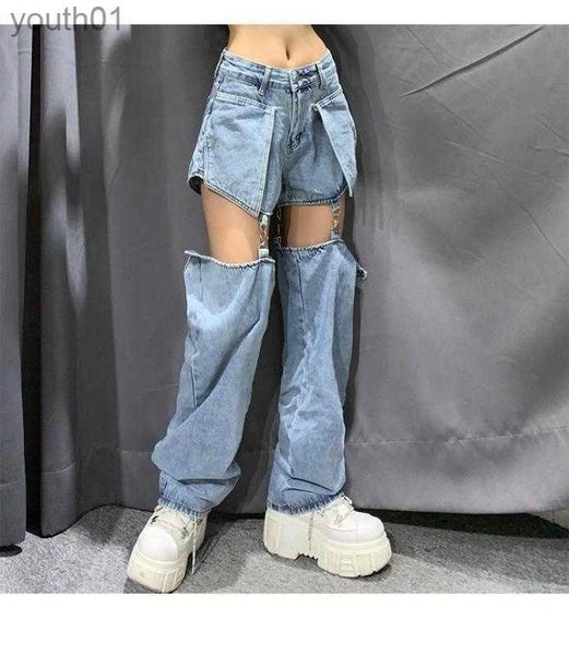 Jeans Femme Femmes Jeans High Street Femmes Splice Pantalon à Jambes Larges Hip-Hop Coton Lâche Rétro Chaîne Amovible Femmes Denim Pantalon 240304