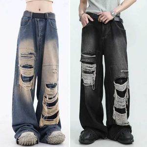 Damesjeans Dames jeans hoge taille en brede benen gekraakte gaten hiphop rechte vaste kleur gotische vintage zakken zakken over de volledige lengte denim broek Q240523