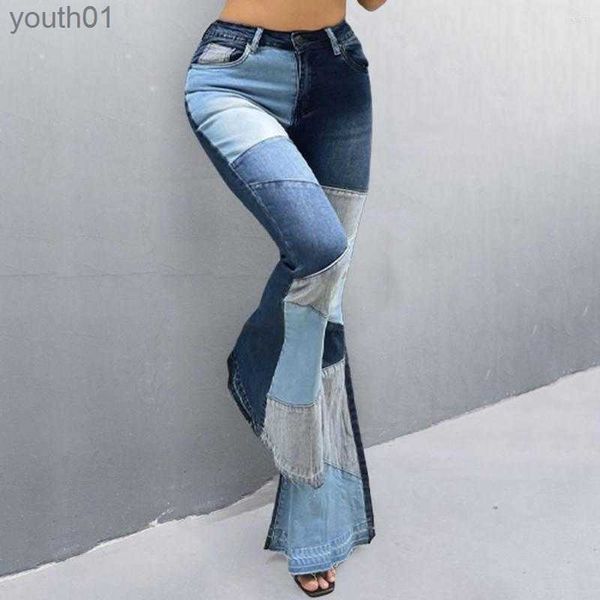 Jeans pour femmes Jeans taille haute poches bouton mouche femmes couleur bloc jambe large Flare Denim pantalon vêtements quotidiens 240304