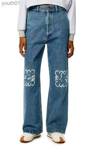 Jeans Femme Jeans taille haute évidé patchwork décoration brodée pantalon en denim droit bleu profond décontracté 240304