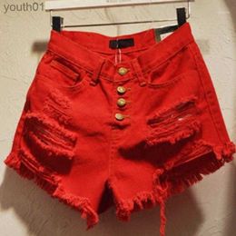 Jeans Femme MAPUSITOM mode trous déchiré Shorts pour femmes grande taille simple boutonnage rouge Denim bavure dames Bermudas S-XL1 240304