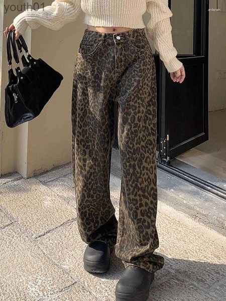 Jeans pour femmes Jeans rétro taille haute motif léopard Denim pantalon ample à jambes larges 2024 vêtements de mode printemps 240304