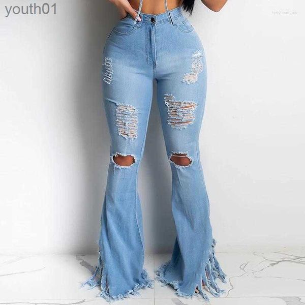 Jeans pour femmes Jeans sexy Denim déchiré femmes pantalons évasés genou coupe trou détruit pantalon de botte mince jambe large cloche bas Fashion Club 240304