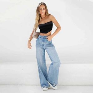 Dames jeans dames jeans wijd been broek denim zakken street kleding los fitting hoog tailles over de volledige wasgte wasper flat vaste kleur 2024 Q240523