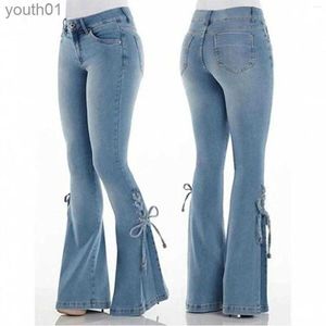 Jeans Femme Femmes Jeans femmes évasées taille haute Denim pantalon Vintage Stretch Streetwear à lacets cloche bas pantalon élastique pantalon 240304
