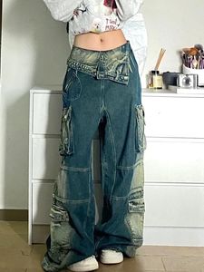 Damesjeans dames jeans vrouwen hoge taille gewassen zakken lading punk vintage grunge flaggy denim broek 2023 lente herfst verjaardag y2k kleding