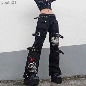 Jeans Femme Jeans pour femmes Y2K Punk crâne imprimé noir boucle de pansement Harajuku taille haute grande poche Denim pantalon Goth Mall Grunge Cargo pantalon P856 240304