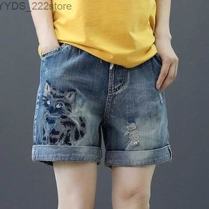 Damesjeans dames losse elastische taille geborduurde denim shorts zomer slanke fit casual gat rechte shorts Harajuku dames jeans yq240423