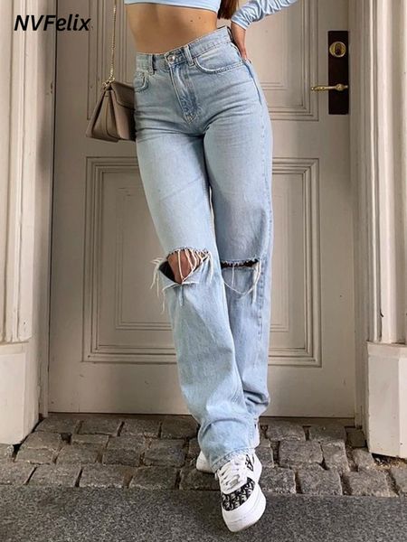 Jeans Femme Femmes coupe ample Jeans déchiré jambe large pour les femmes taille haute bleu lavage décontracté coton Denim pantalon été Baggy Jean pantalon 230907