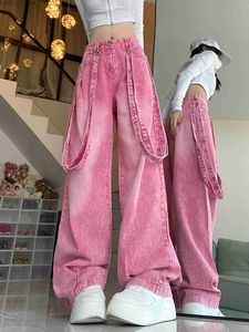 Jeans pour femmes pantalons de chargement dopamine rose avec sangle hauts et hauts jeans chics harajuku rue large pantalon denim printemps et automne yq240423
