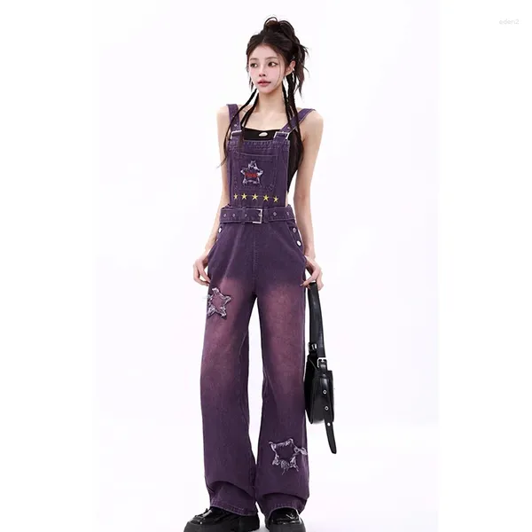 Jeans para mujer Mujeres Púrpura Vintage Suspender Baggy Bolsillo Pantalones rectos Streetwear Casual Pierna ancha Pantalón de mezclilla Damas Primavera