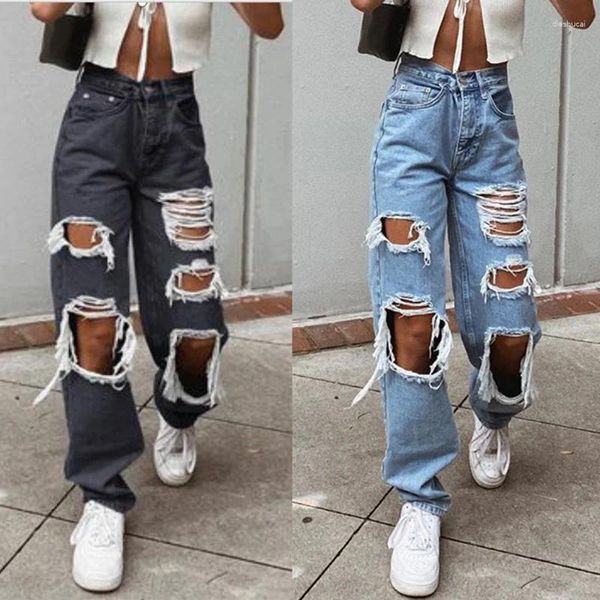 Pantalones vaqueros de mujer para mujer rasgados pantalones elásticos sueltos rectos destruidos agujero casual denim hip hop pantalones Y2K